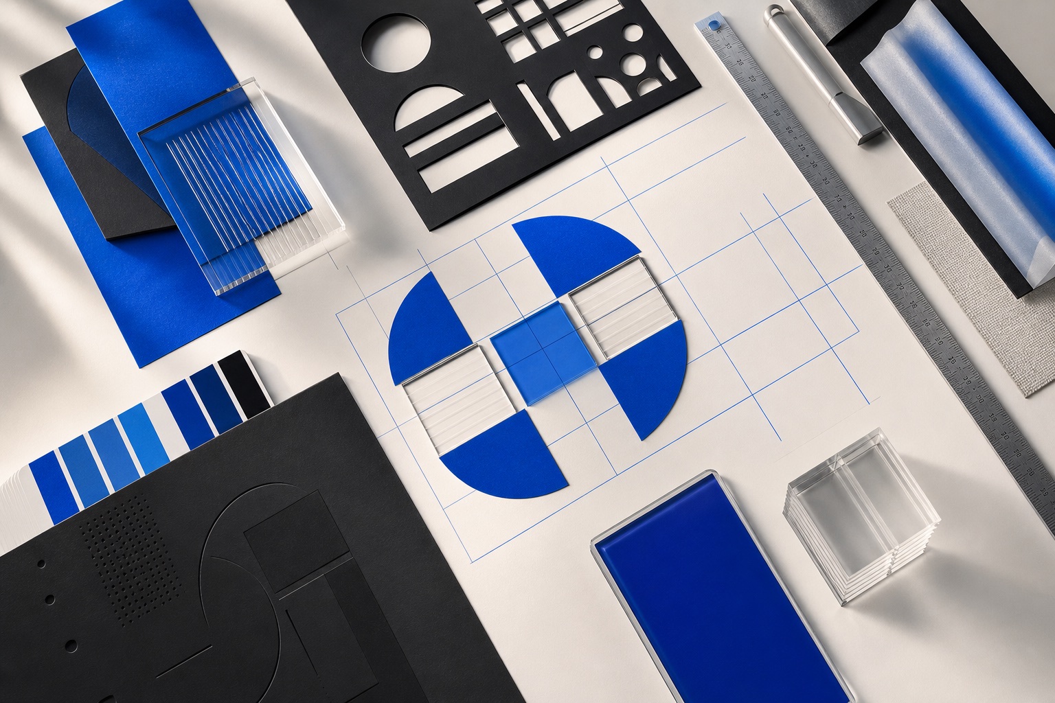 Abstract arrangement of blue, black, and clear design materials on a grid