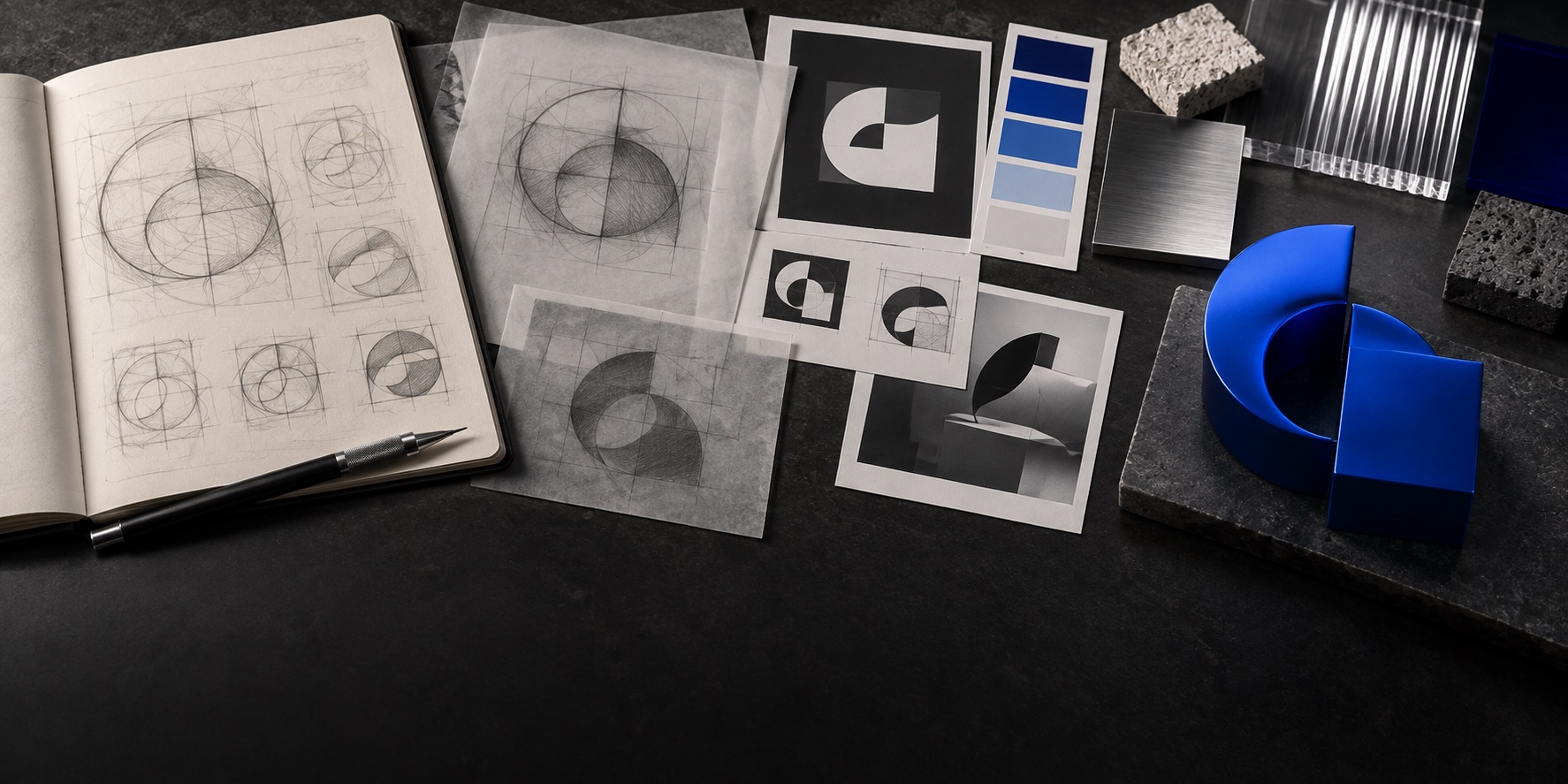 Sketches, material studies and a blue design concept