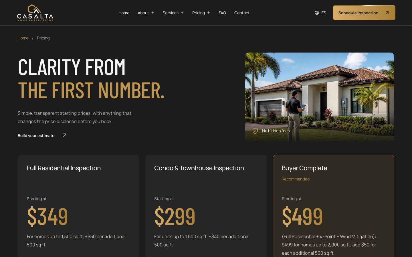 Casalta pricing experience presents inspection options and an interactive estimate