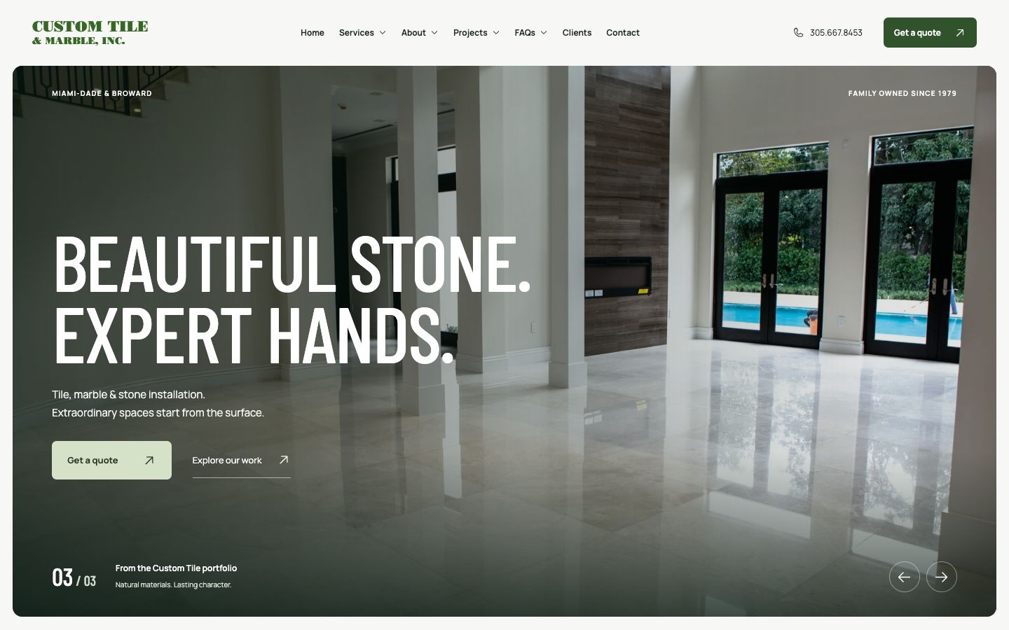 Custom Tile & Marble website concept with green accents and expansive stone installation imagery