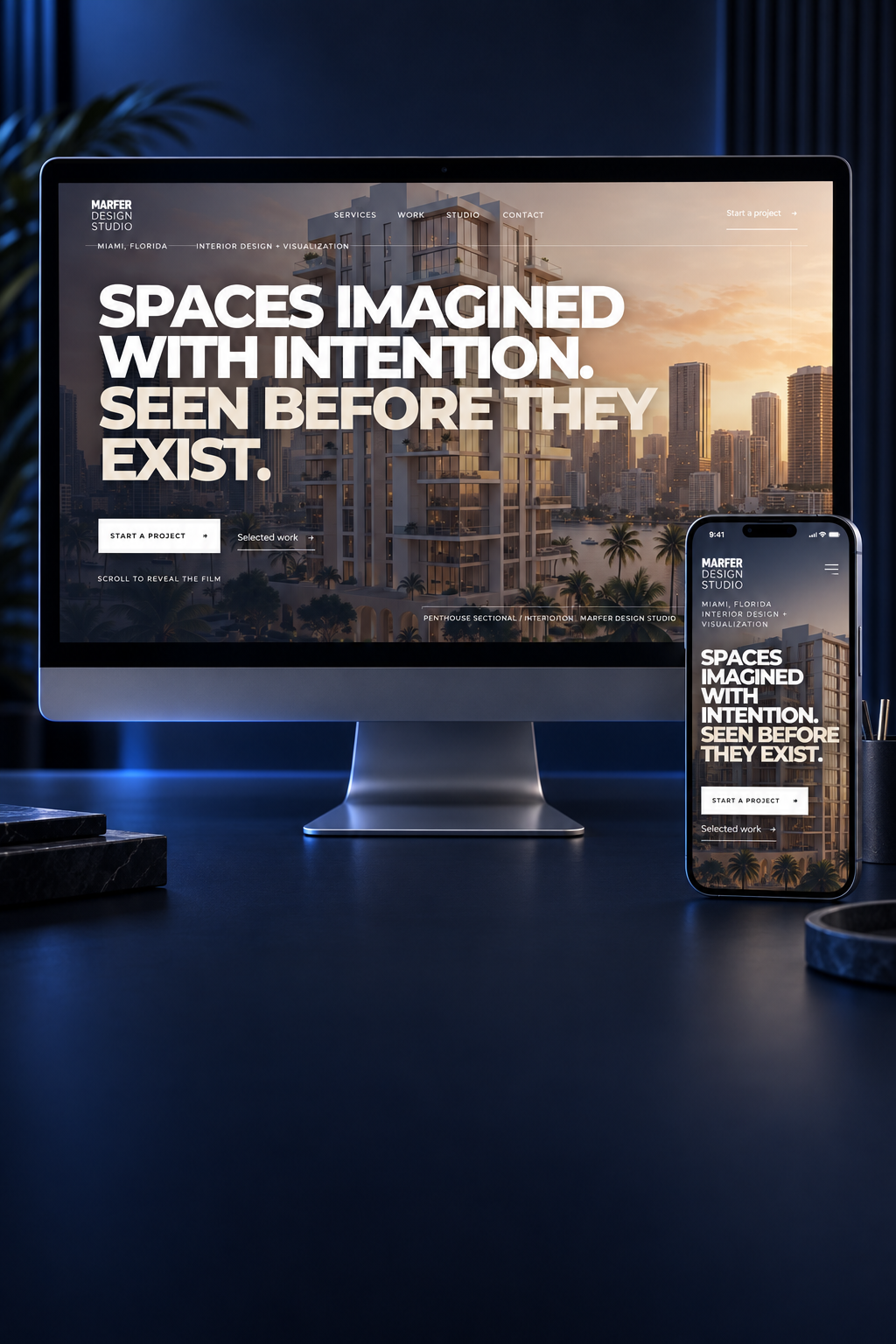 Marfer Design Studio website displayed on desktop and mobile devices