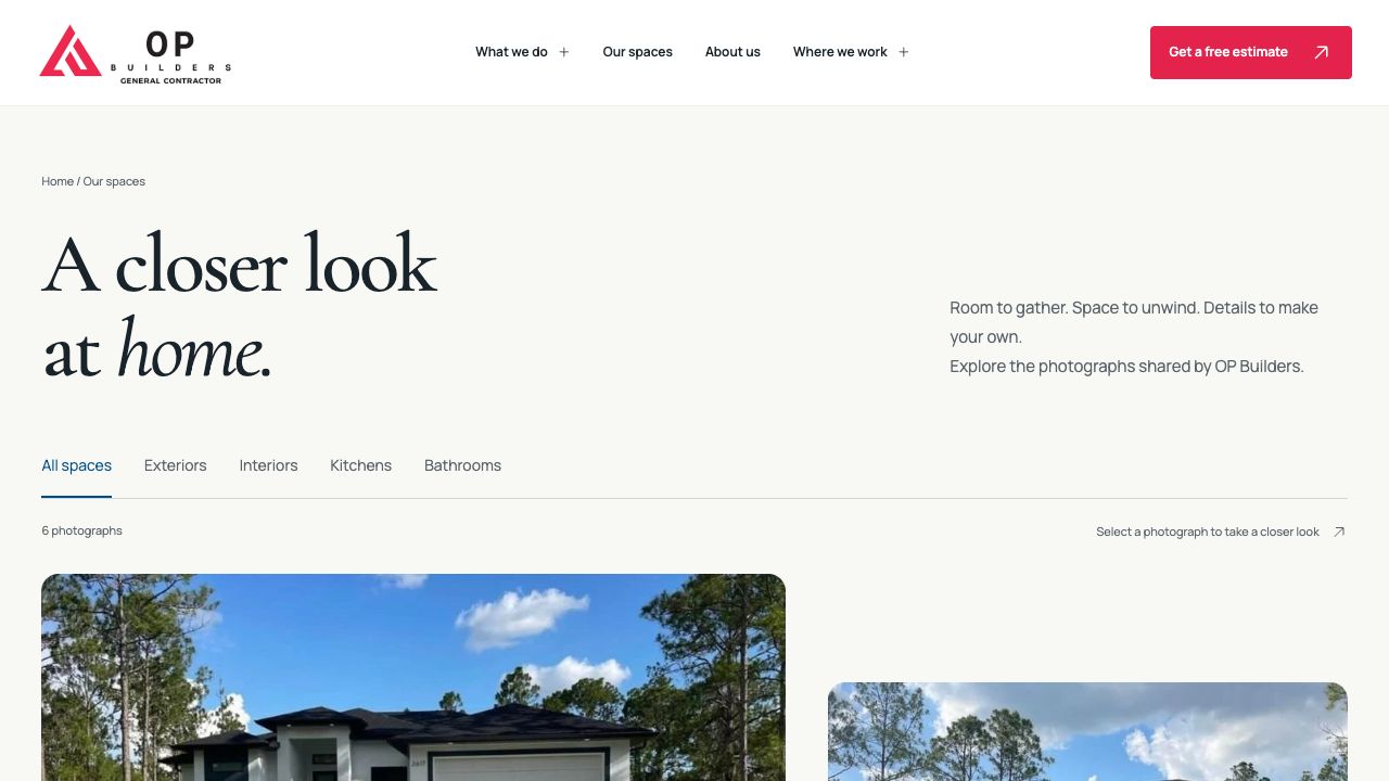 A filterable photo collection lets visitors explore exteriors, interiors, kitchens and bathrooms