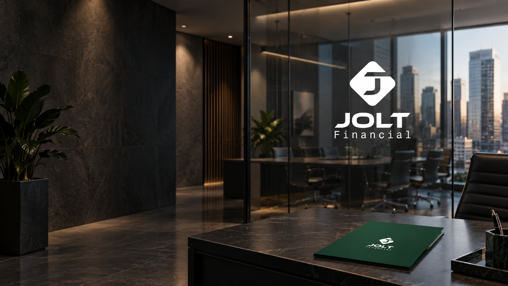 Illustrative financial-office mockup presenting the Jolt Financial identity on glass signage and stationery