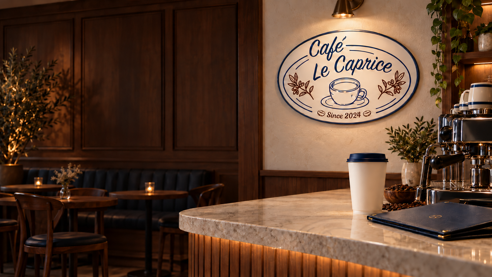 Illustrative café mockup presenting the Café Le Caprice identity on signage and packaging