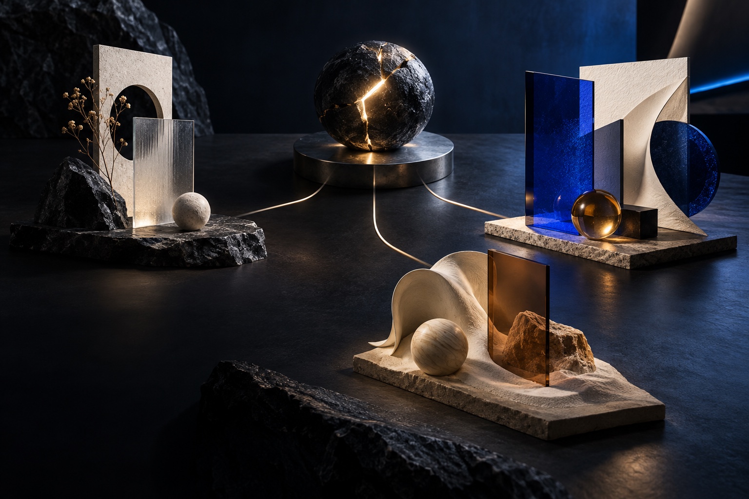 Three distinct creative territories explored through form, material, color, and composition