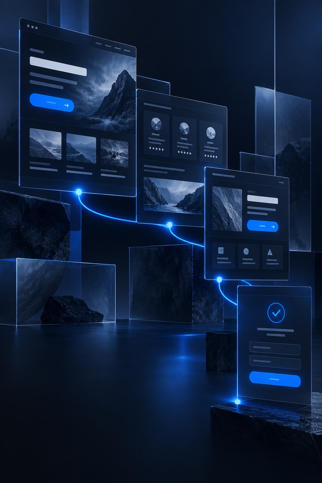 Connected website content panels moving from message hierarchy to inquiry