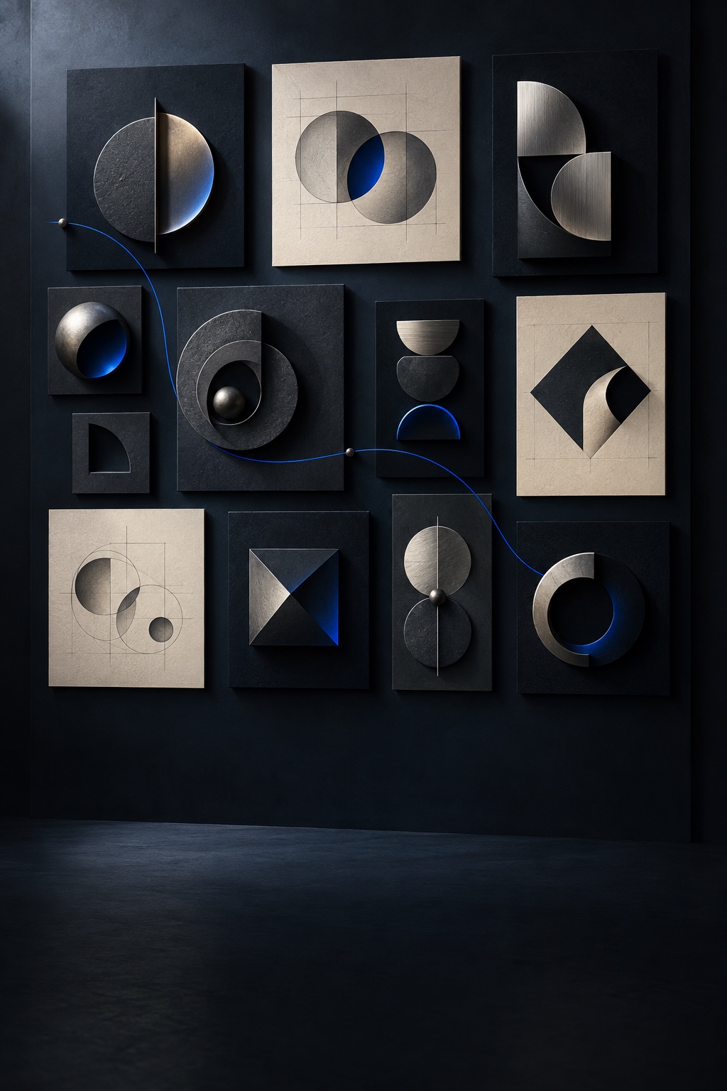 Distinct geometric logo concepts explored across a disciplined studio wall