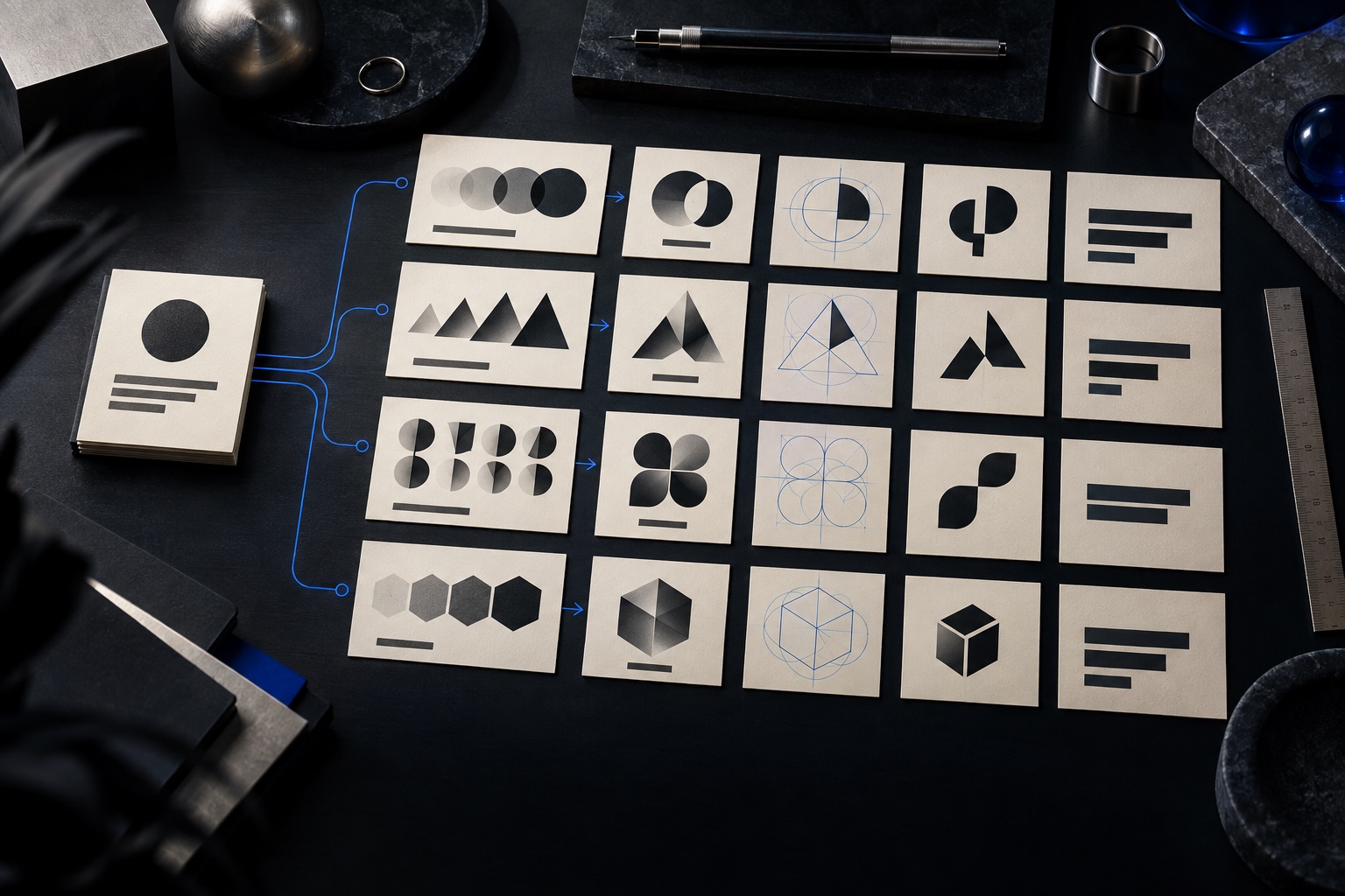 Multiple abstract logo ideas explored through geometric sketches and form studies