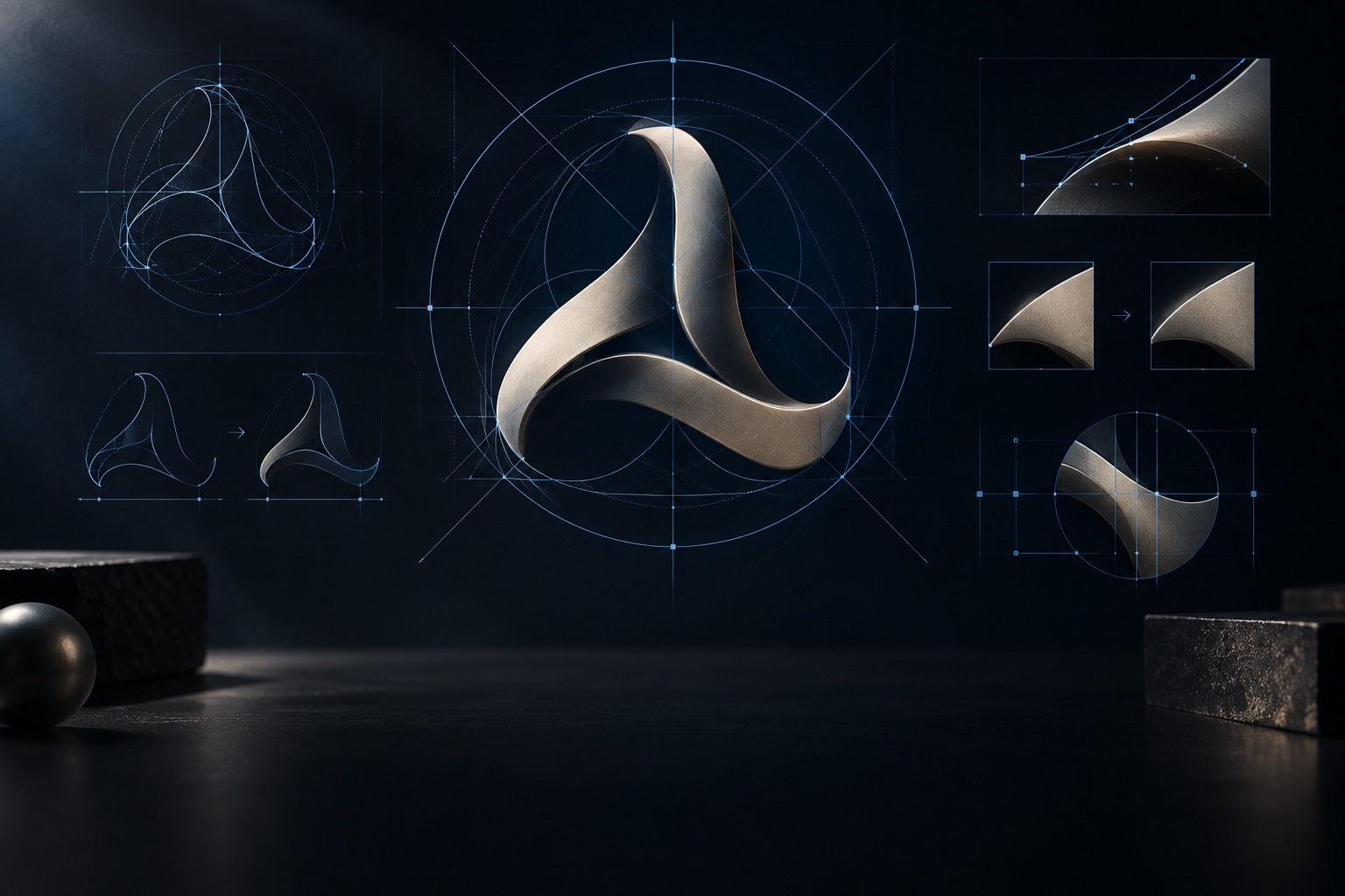 A selected geometric mark refined through proportion, spacing, and optical adjustments