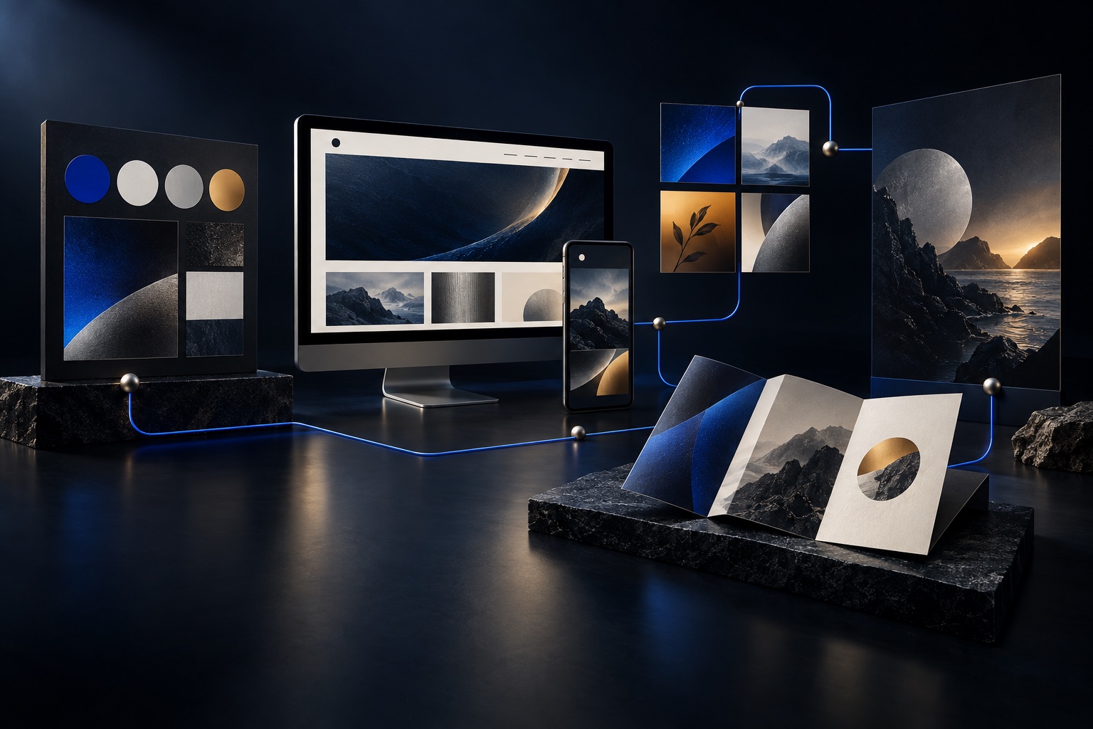Brand, social, web, print, and campaign assets connected as one creative system