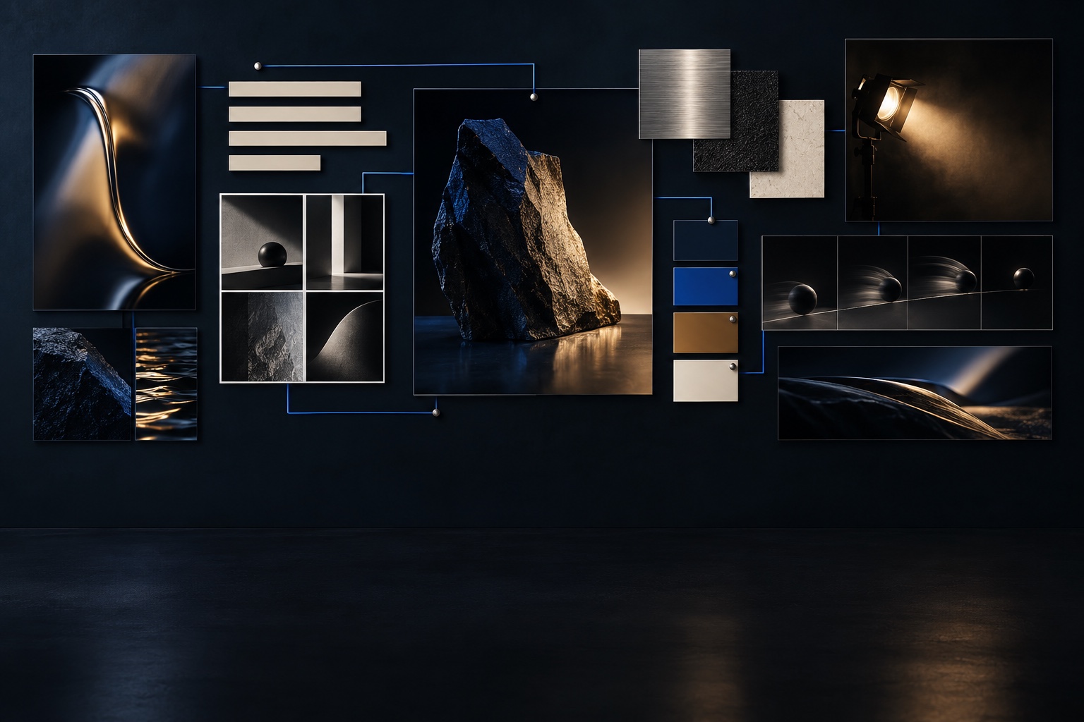 A social content art direction wall connecting imagery, typography, color, and composition