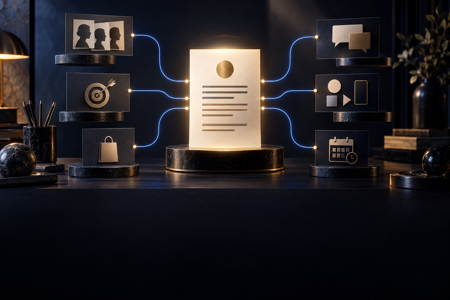 Audience, objective, message, and platform signals converging into a focused content brief
