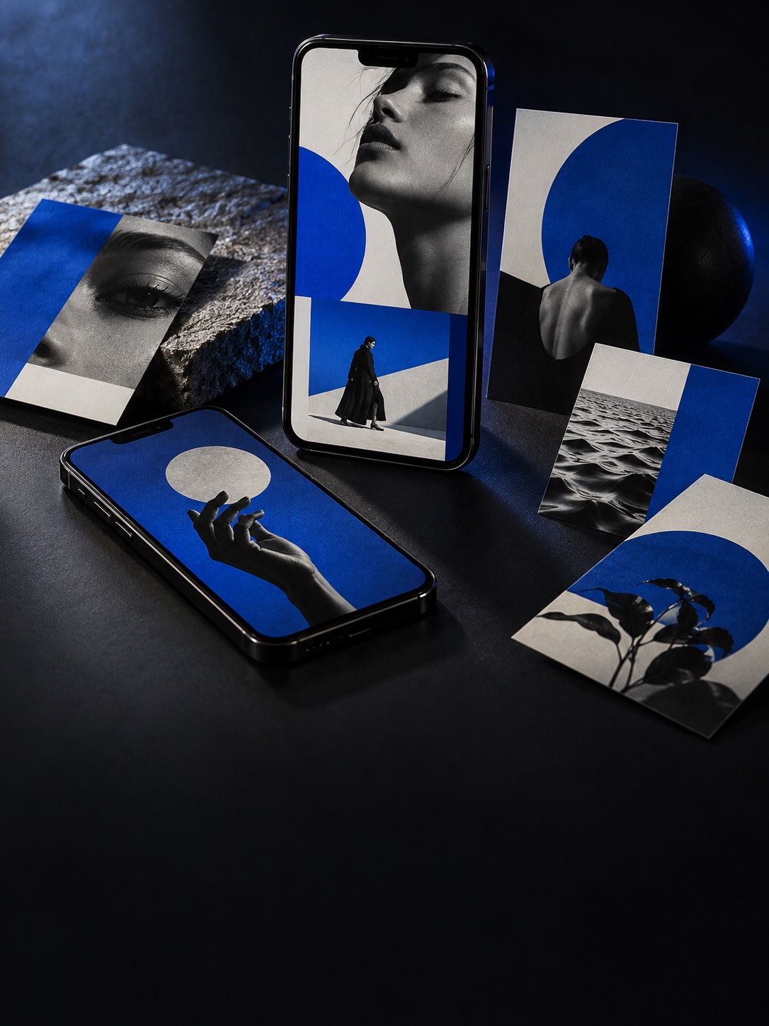 Blue and monochrome social campaign visuals on phones and printed cards